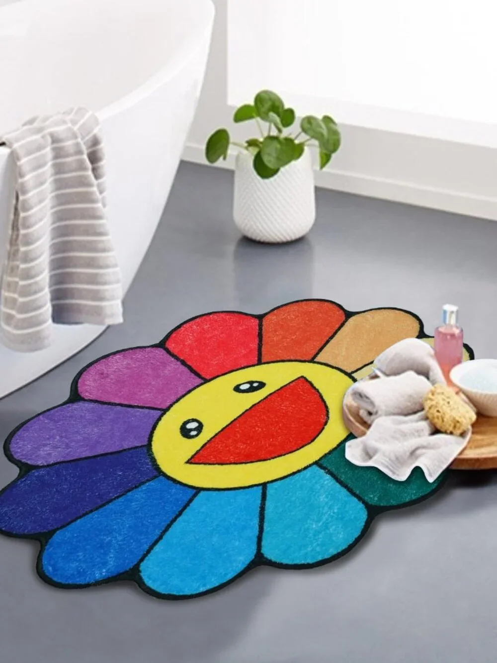 Sunflower Bathroom Rugs for Kids Irregular Shaped Rug Non-Slip Absorbent Washabl
